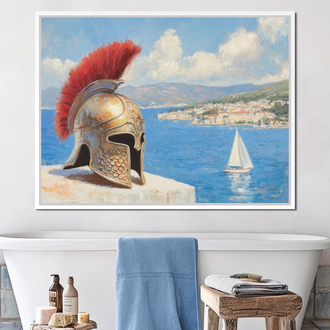 Spartan Helmet With Crimson Crest Above Blue Aegean Coastline Poster