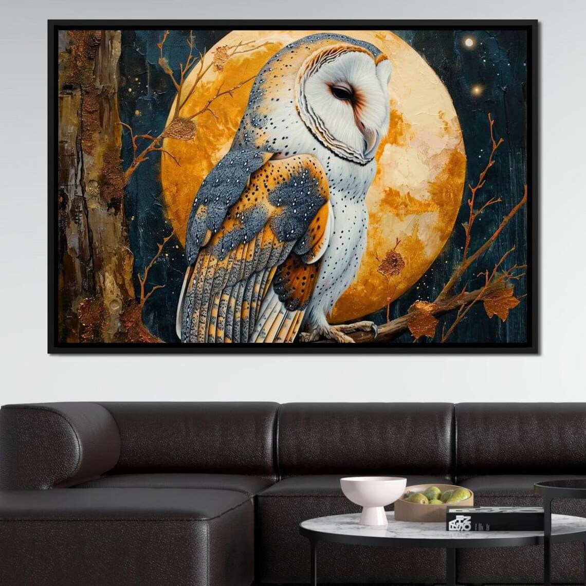 Barn Owl Perched Under Golden Moon Starry Night Wildlife Art Poster - Image 4