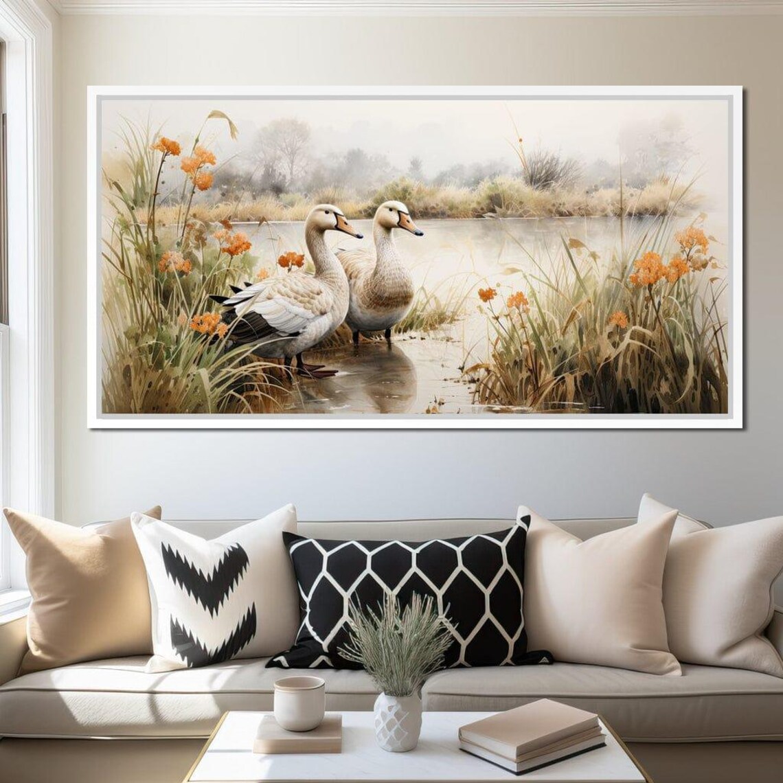 Two Geese Misty Pond Watercolor Tranquil Nature Wildlife Poster