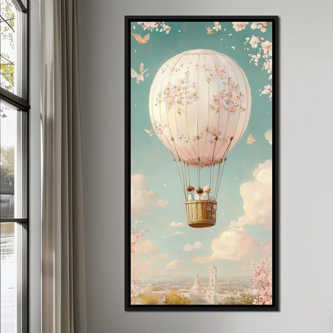Dreamy Pastel Hot Air Balloon Floral Sky Nursery Kids Wall Art - Image 2