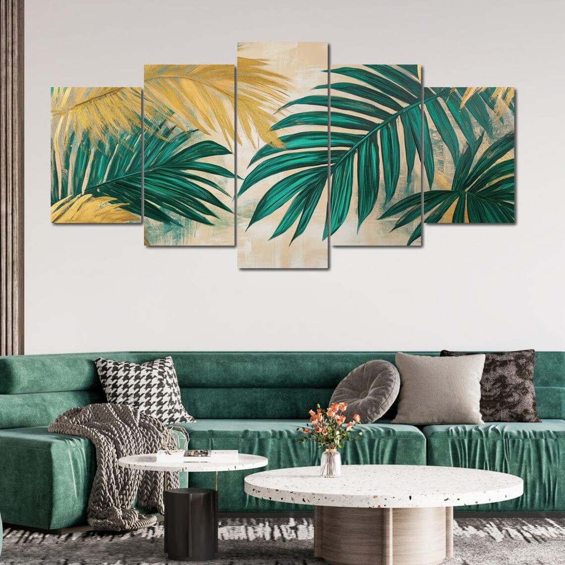Gold Palm Fronds Emerald Leaves Cream Tropical Botanical Wall Art - Image 2
