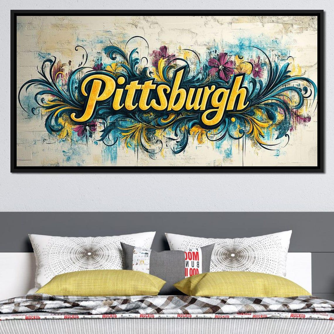 Pittsburgh Gold Script Graffiti Floral Flourish Typography Art Poster