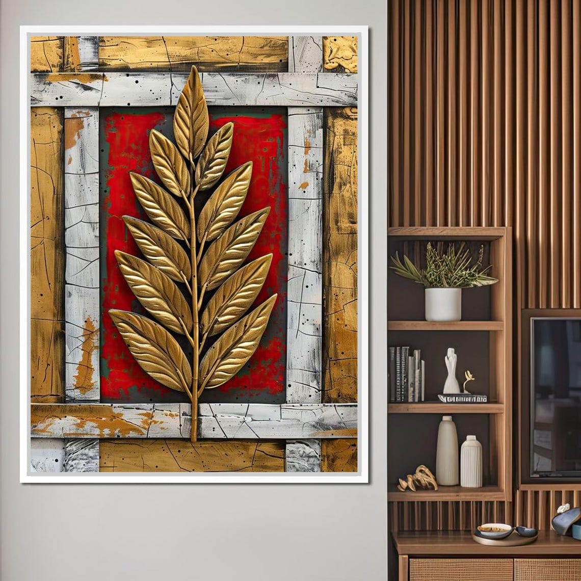 Golden Leaf Branch Red and Gold Textured Luxury Abstract Wall Art - Image 2