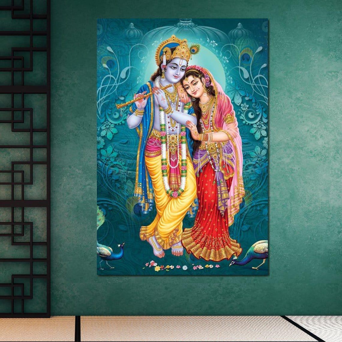 Radha Krishna Divine Couple Colorful Hindu Spiritual Peacock Wall Art - Image 3