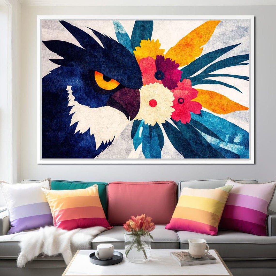 Blue Black Eagle Owl Portrait Vibrant Tropical Floral Abstract Poster - Image 3