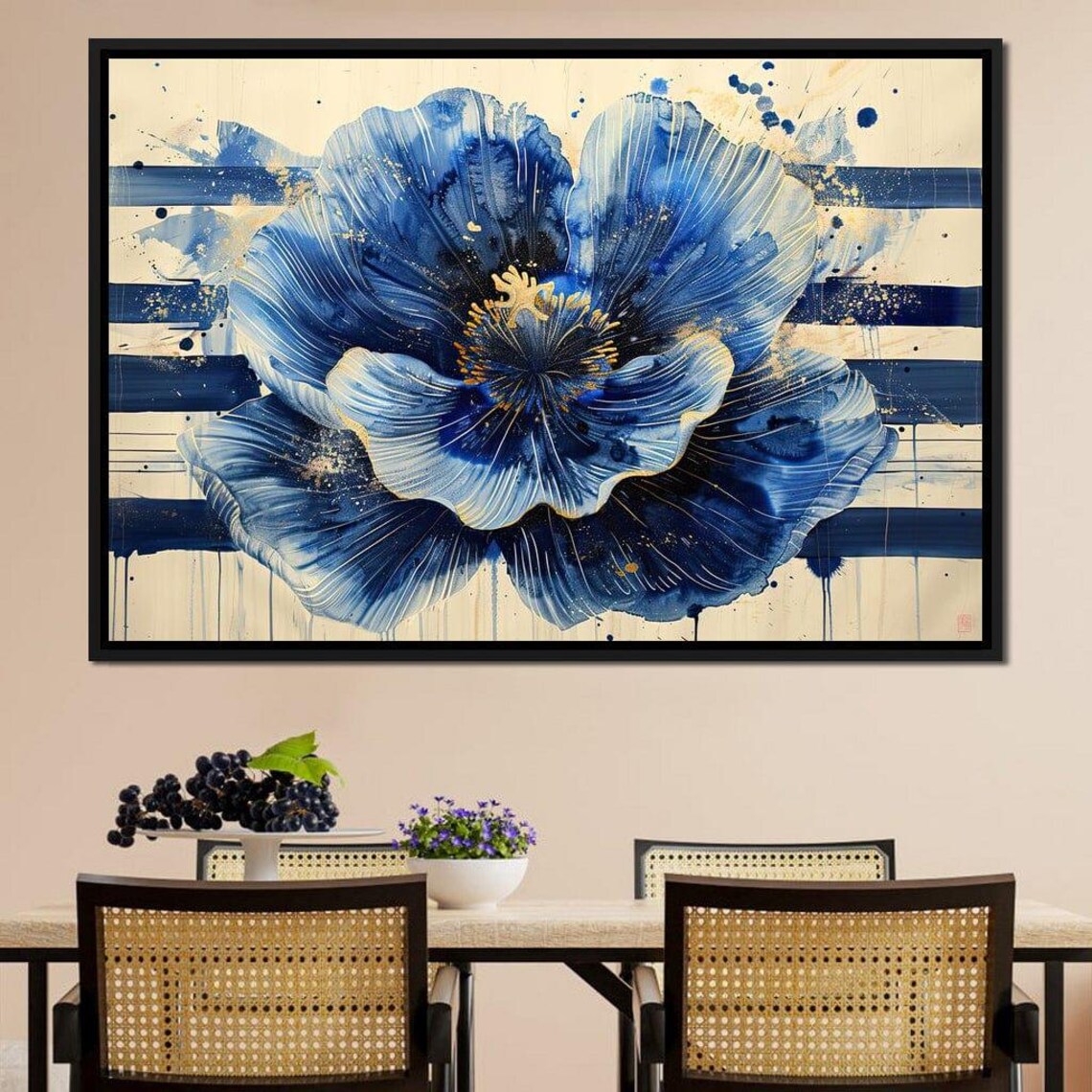 Sapphire Blue Poppy Bloom Gold Accents Modern Floral Wall Art Poster - Image 4