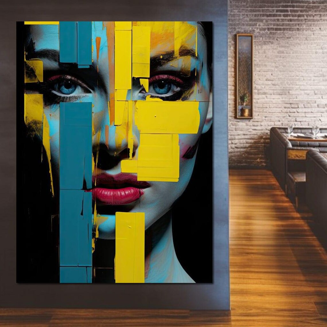 Fragmented Identity Yellow Teal Cubist Face Contemporary Art Print - Image 3