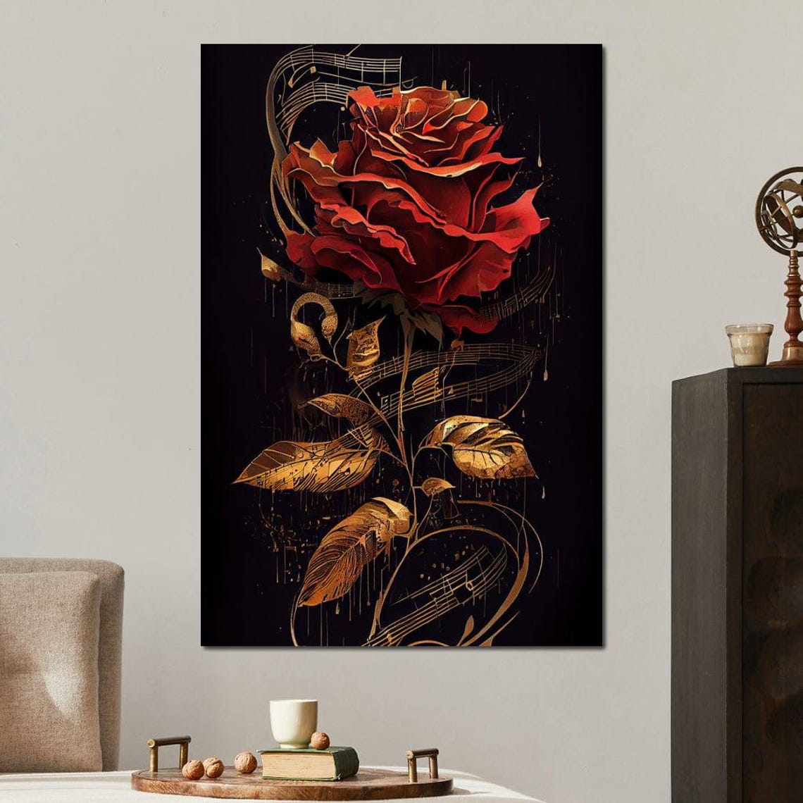 Red Rose Sheet Music Gold Leaves Romantic Classical Wall Art - Image 2