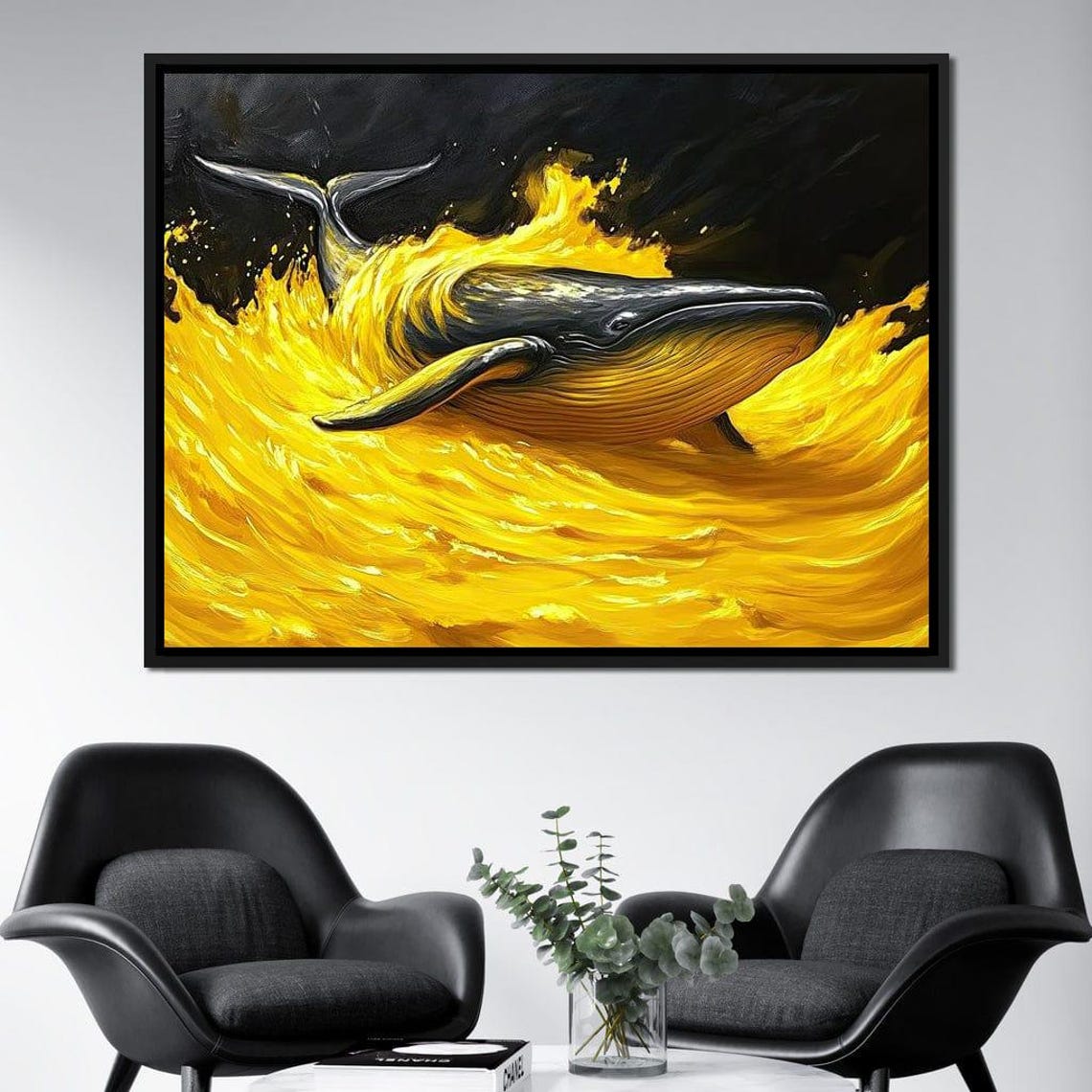 Humpback Whale Golden Ocean Waves Dramatic Black Nautical Art Print - Image 3