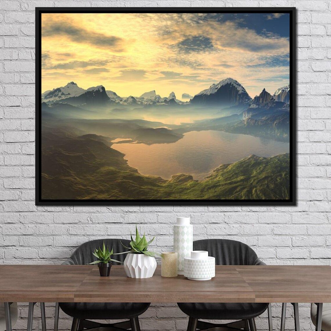 Golden Sunrise Mountain Lake Snow Peaks Misty Landscape Travel Poster
