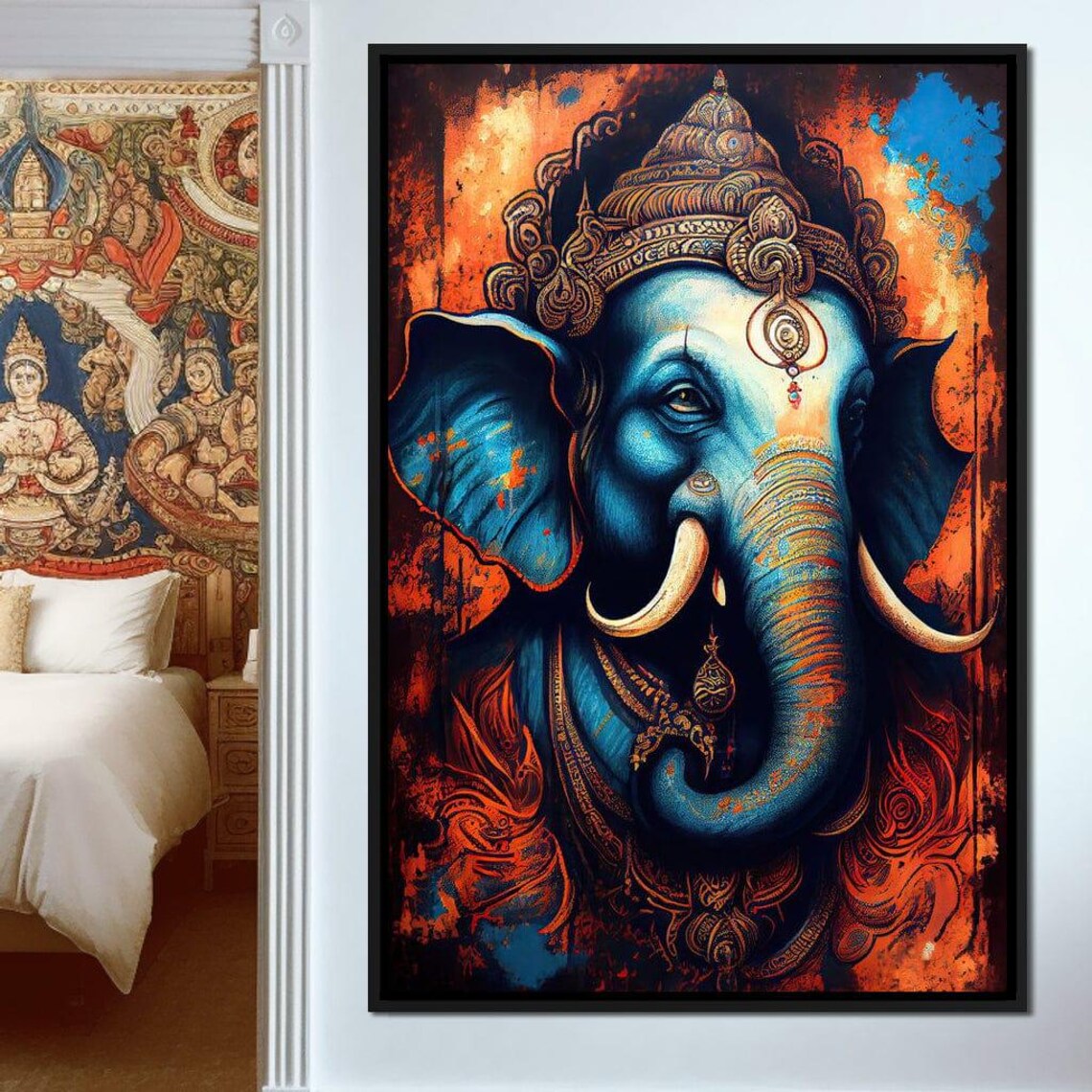 Ganesh Blue Elephant Deity Ornate Spiritual Hindu Art Print Cultural Poster