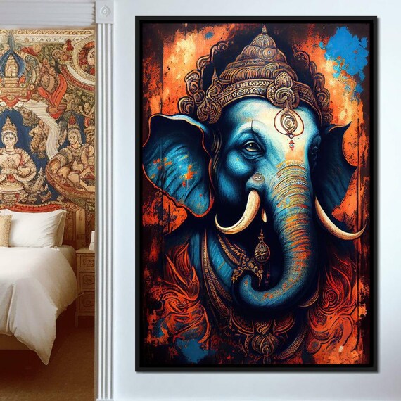 Ganesh Blue Elephant Deity Ornate Spiritual Hindu Art Print Cultural Poster