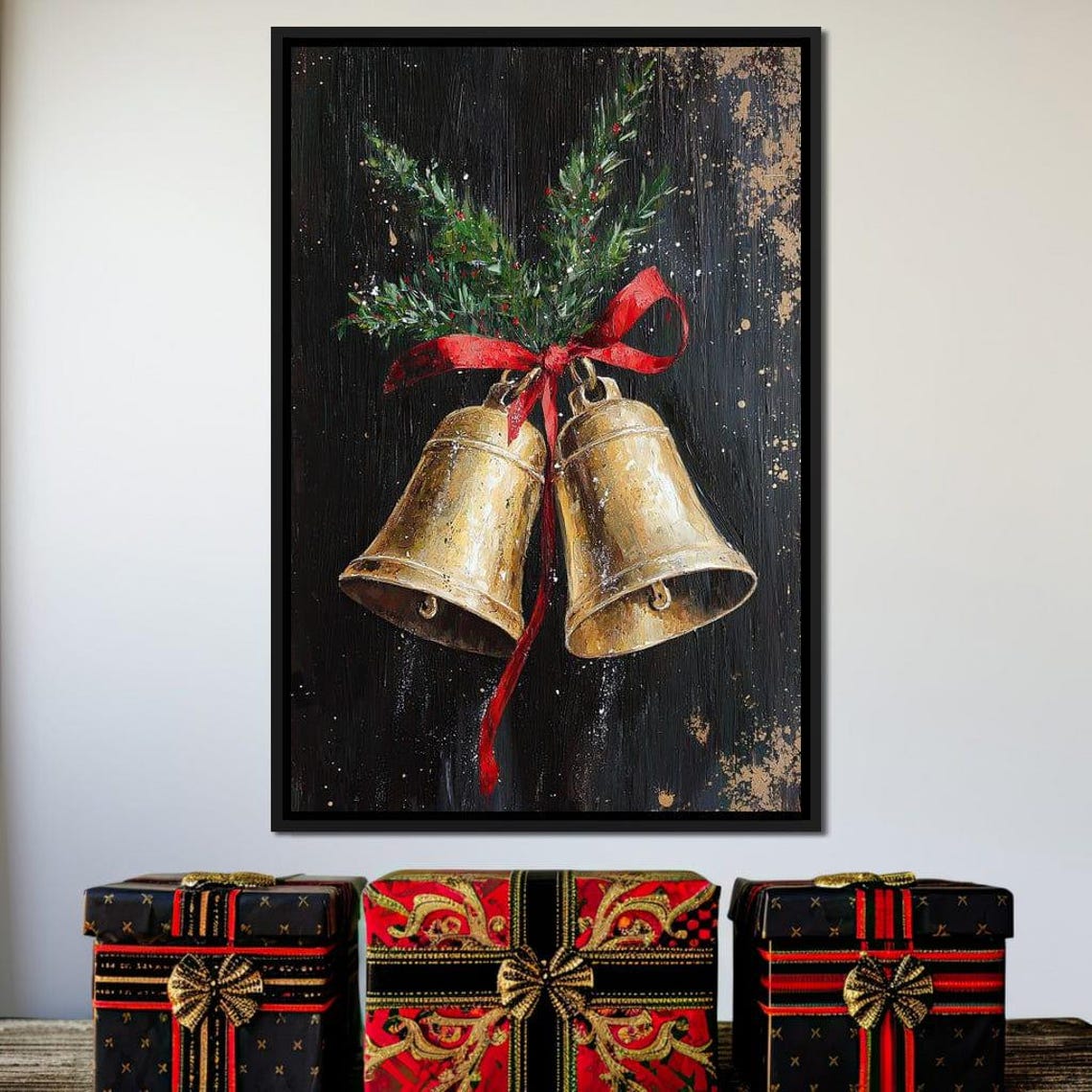 Golden Christmas Bells With Red Ribbon Pine Black Holiday Poster