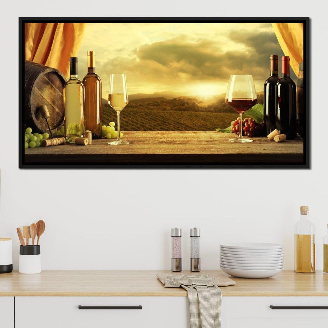 Rustic Wine Bottles Glasses Vineyard Sunset View Kitchen Decor Poster