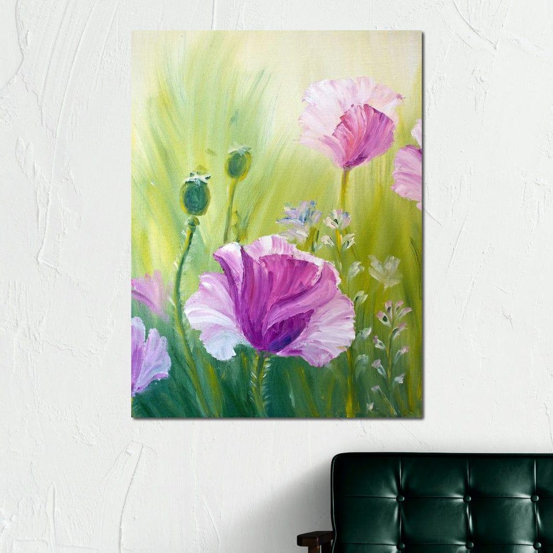 Purple Poppies Floral Art Wall Decor Green And Purple Nature Art For Living Room Flower Painting By Nichecanvas - Image 4