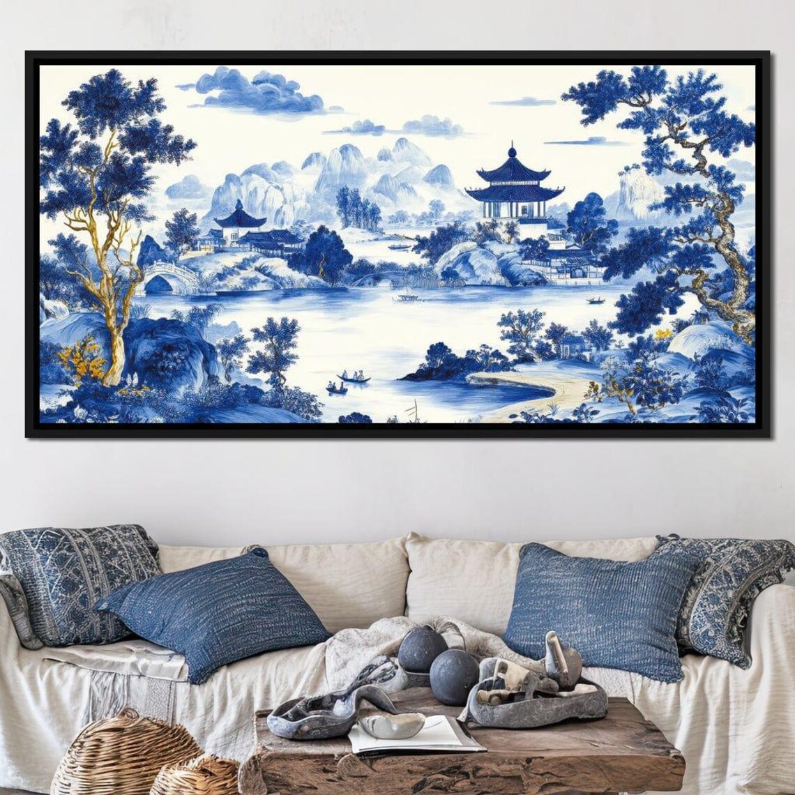 Blue White Japanese Pagoda Lake Landscape In Porcelain Style Poster