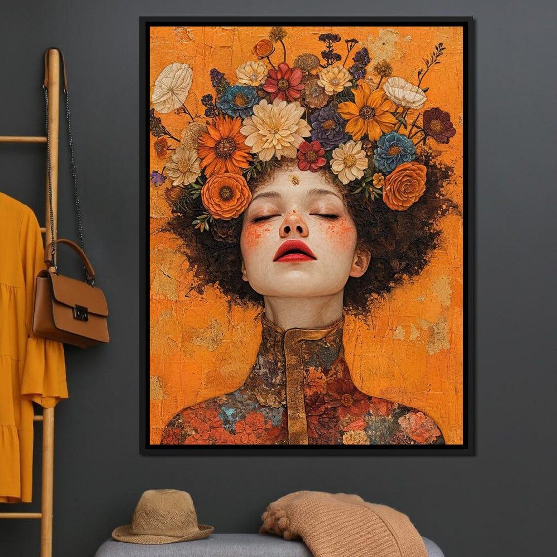 Autumn Wildflower Crown Woman Closed Eyes Boho Floral Art Print