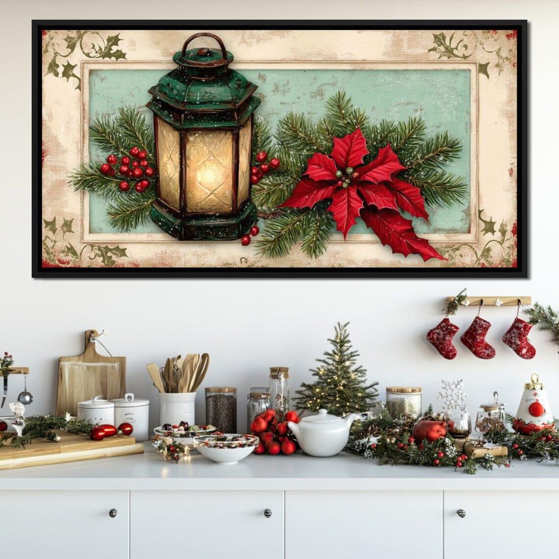 Rustic Green Lantern With Poinsettia Pine Vintage Christmas Poster