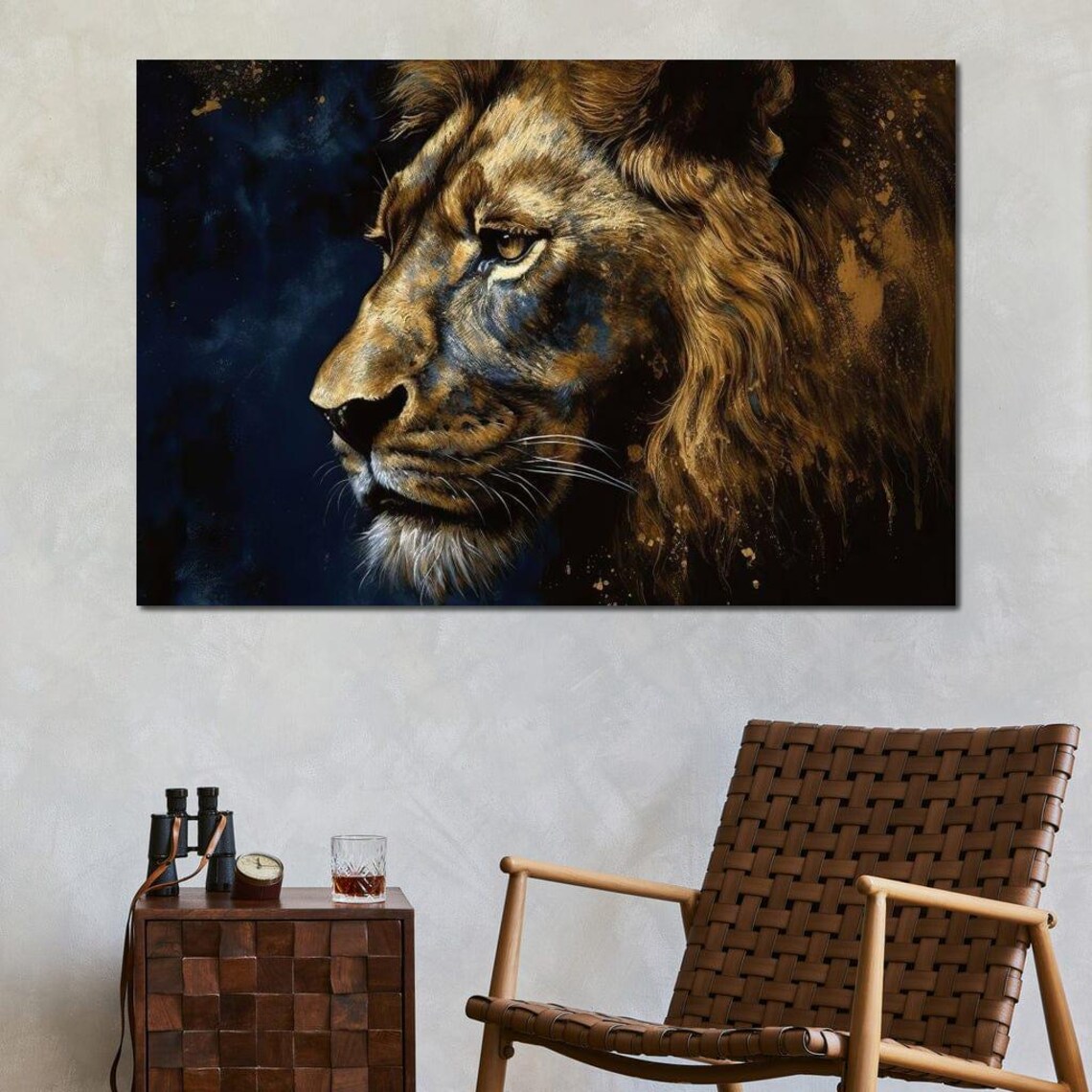 Golden Lion Profile Dark Blue Background Regal Wildlife Art Poster - Image 3