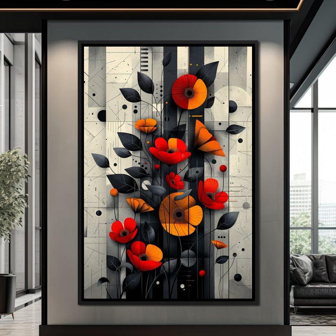 Bold Geometric Red Poppy Flowers Abstract Modern Floral Wall Art - Image 4