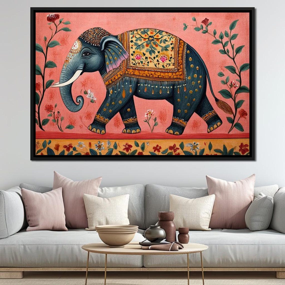 Coral Pink Elephant Gold Dots Ornate Traditional Floral Boho Poster - Image 2