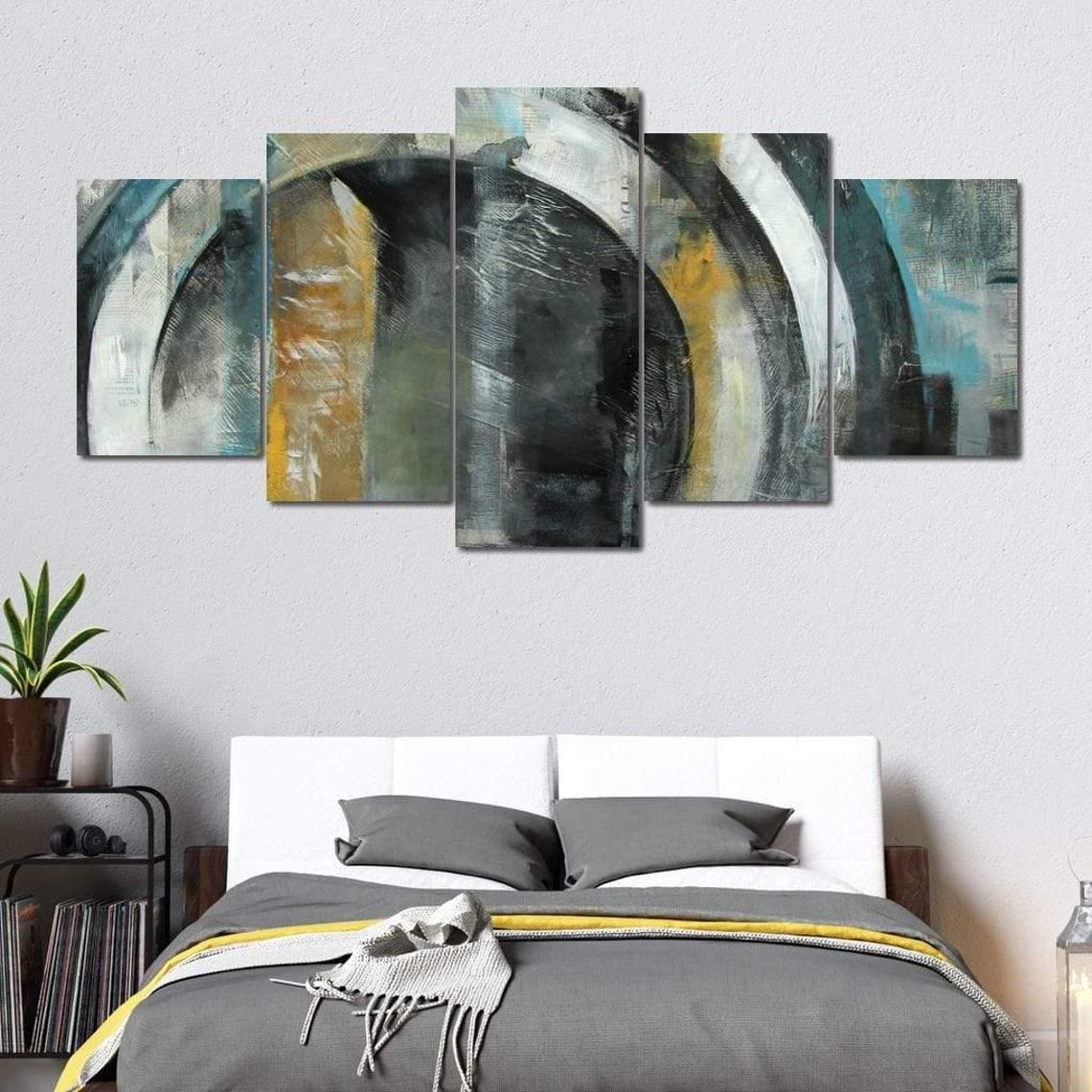 Grey White Ochre Concentric Circles Five Panel Abstract Wall Art - Image 2