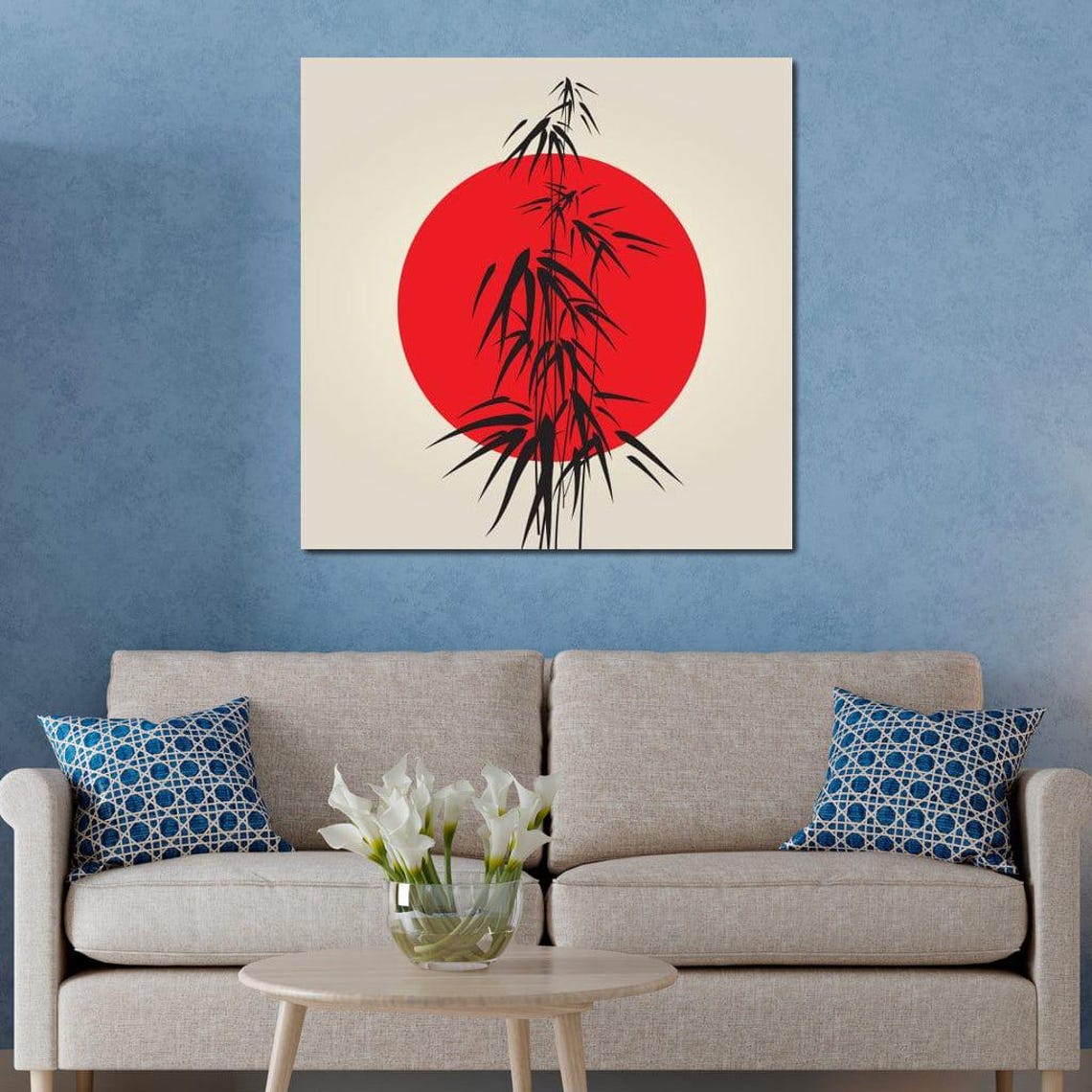 Japanese Red Sun Black Bamboo Silhouette Minimalist Zen Wall Art Print - Image 2
