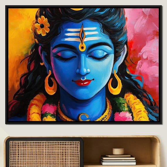 Radiant Meditative Divinity Colorful Krishna Painting Spiritual Home Decor Vibrant Hindu Art By Nichecanvas