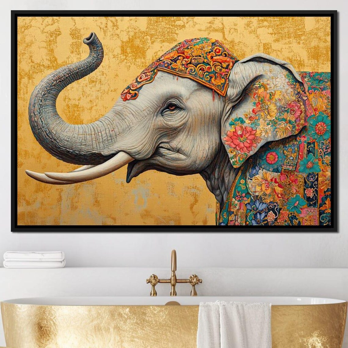 Elephant With Ornate Floral Headdress Gold Background Boho Art Poster - Image 2