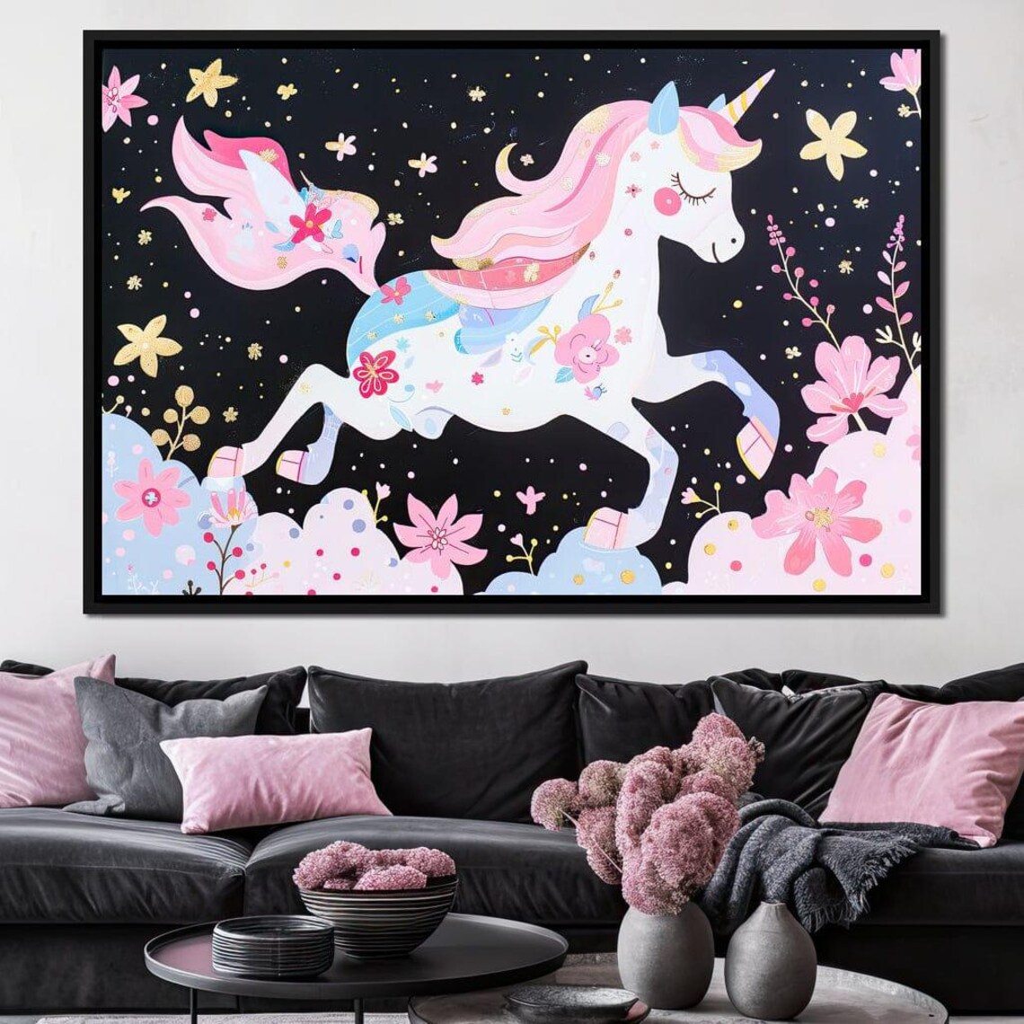 Pink Mane Unicorn Galloping Among Blossoms Floral Fantasy Poster