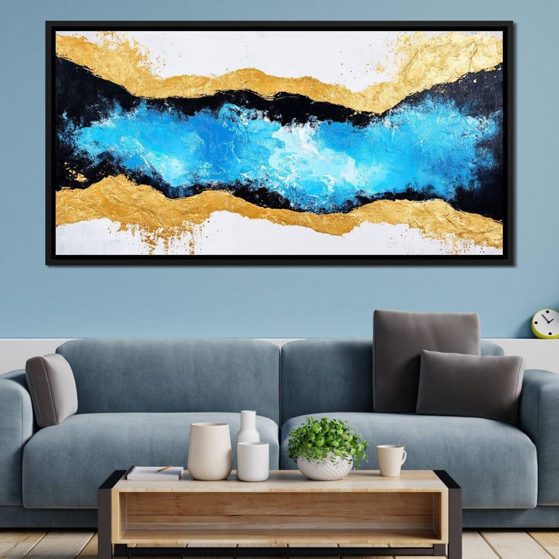 Turquoise Ocean Gold Mountain Abstract Coastal Landscape Poster - Image 3