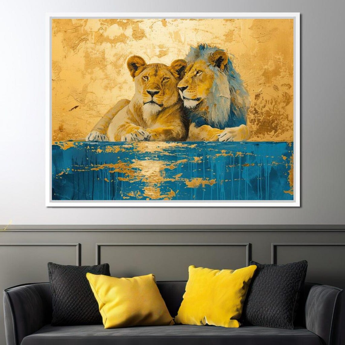 Golden Lion Lioness Pair Teal Blue Modern Wildlife Wall Art Poster - Image 2
