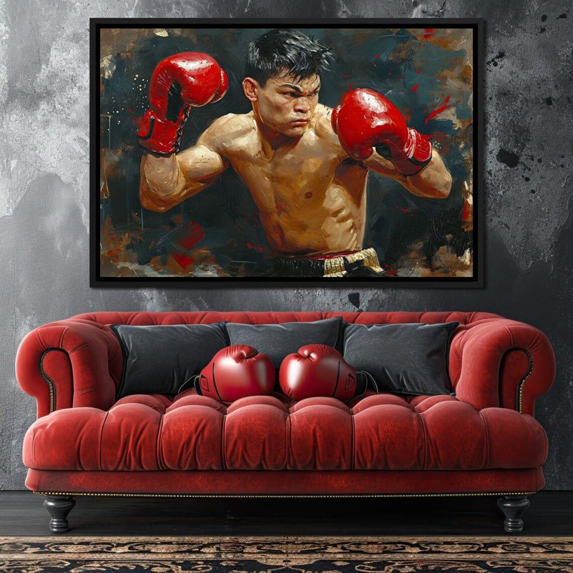 Boxer Fighter Red Gloves Oil Painting Motivational Sports Gym Art Print - Image 2