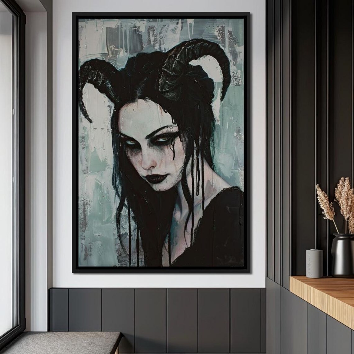Gothic Horned Demon Woman Dark Fantasy Portrait Horror Wall Art - Image 4