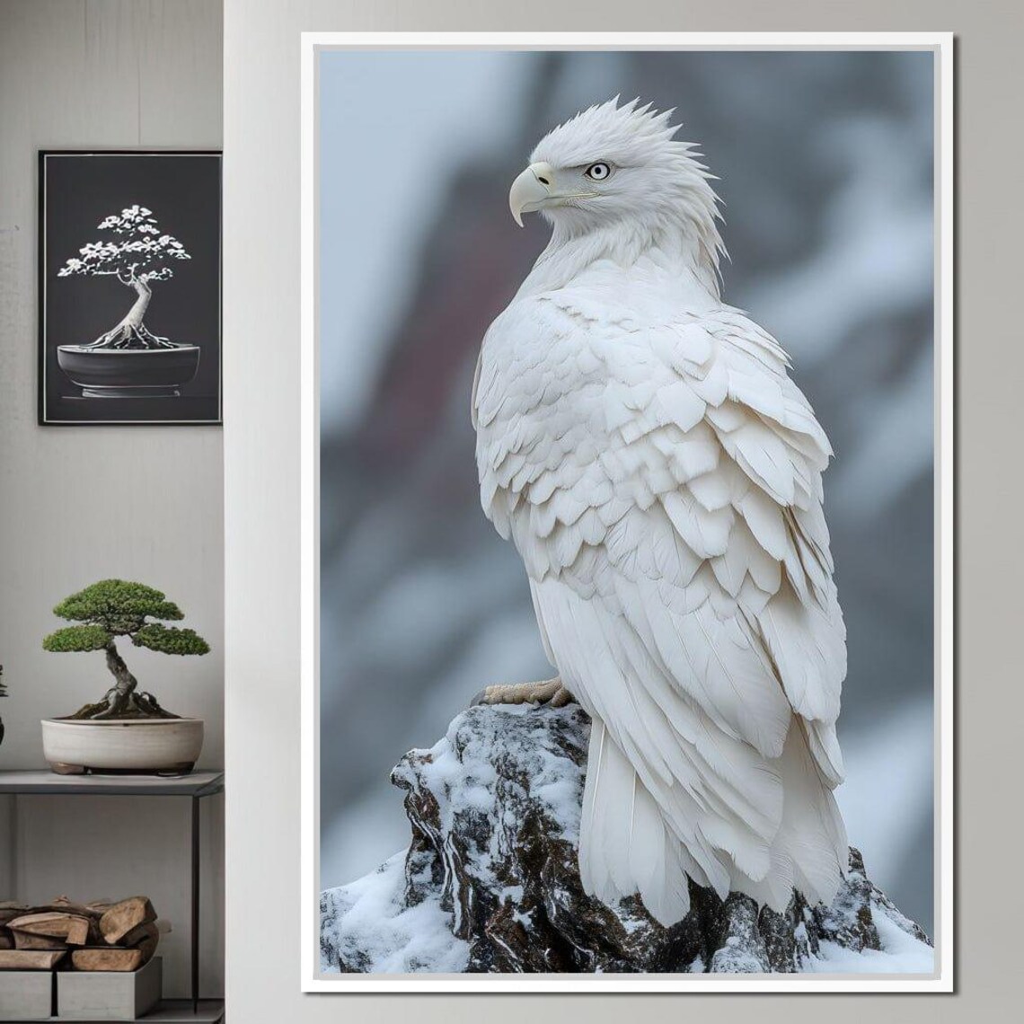 Majestic White Hawk Perched on a Snowy Rock Winter Wildlife Poster