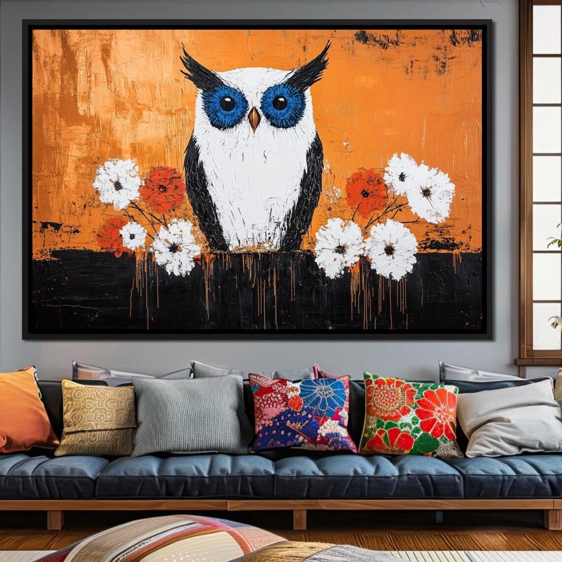 Blue Eyed White Owl Among Flowers Orange Abstract Wildlife Poster