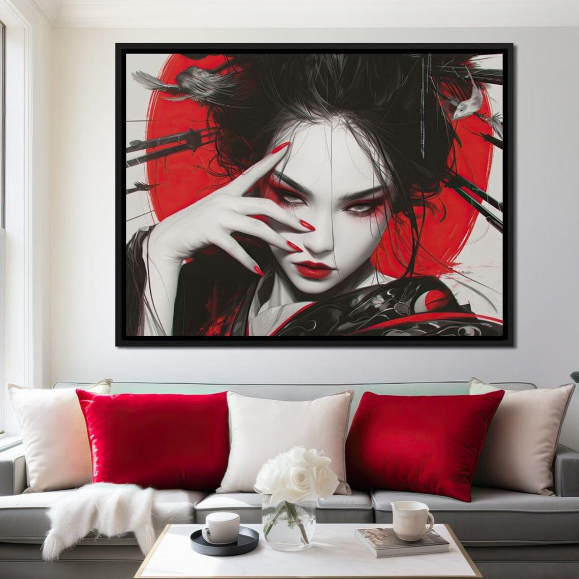 Japanese Geisha Monochrome Red Sun Dramatic Portrait Wall Art Print - Image 2