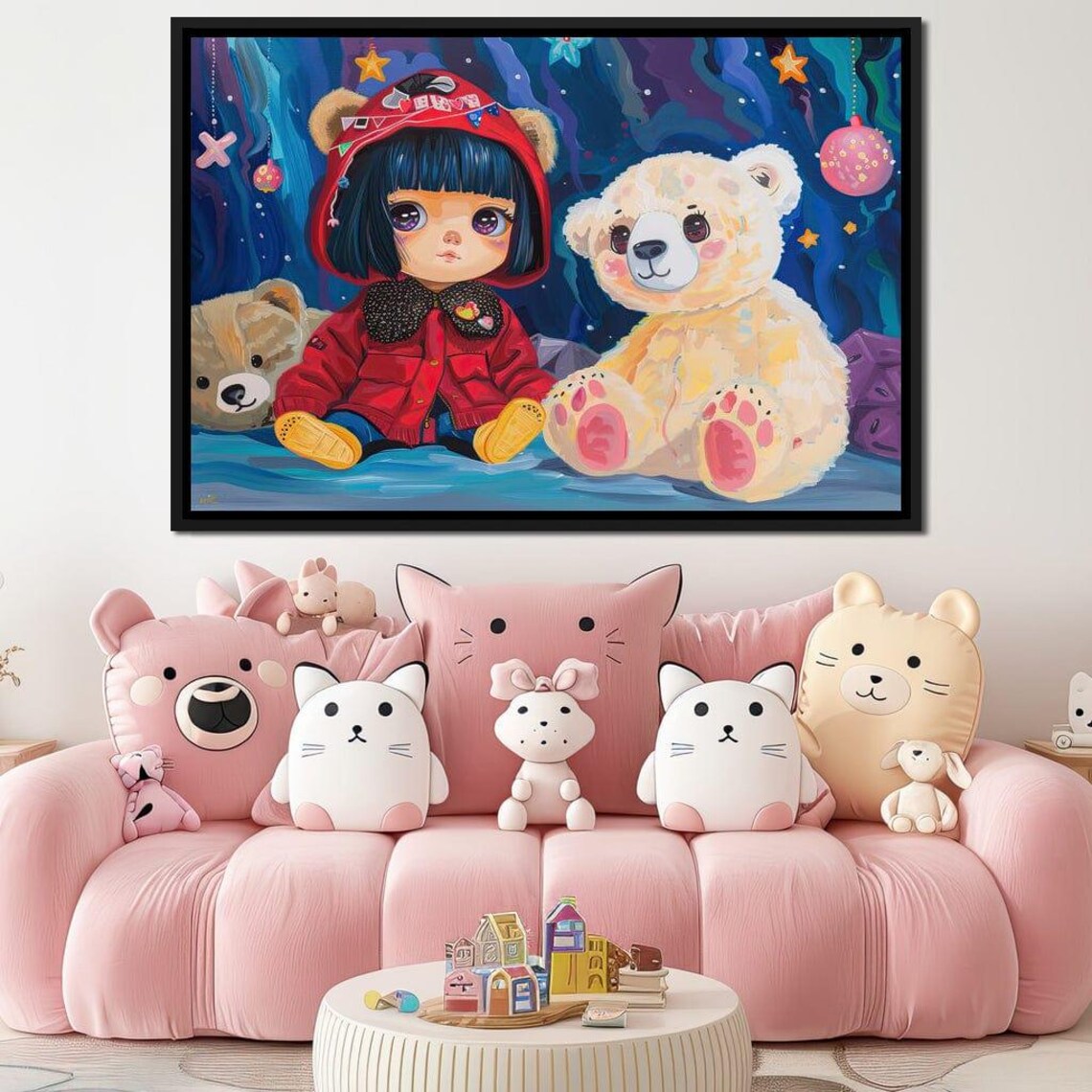 Little Girl In Red Hood With Teddy Bears Dreamy Night Kids Art Poster - Image 2