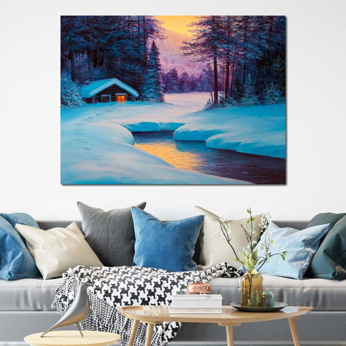 Snowy Cabin Winter Forest River Sunset Cozy Landscape Travel Poster - Image 3
