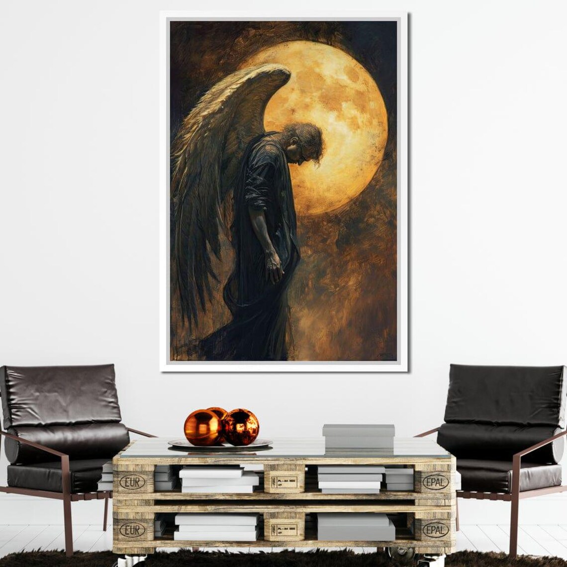 Dark Angel Bowing Golden Full Moon Feathered Wings Gothic Fantasy Art Poster - Image 2