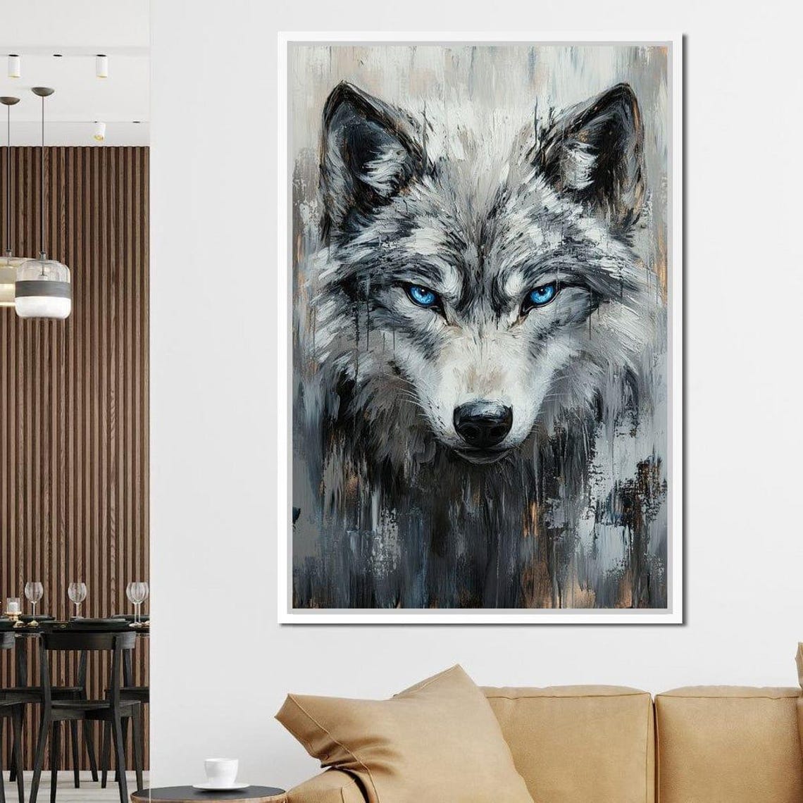 Gray Wolf Intense Blue Eyes Painterly Portrait Wildlife Wall Art Print - Image 2