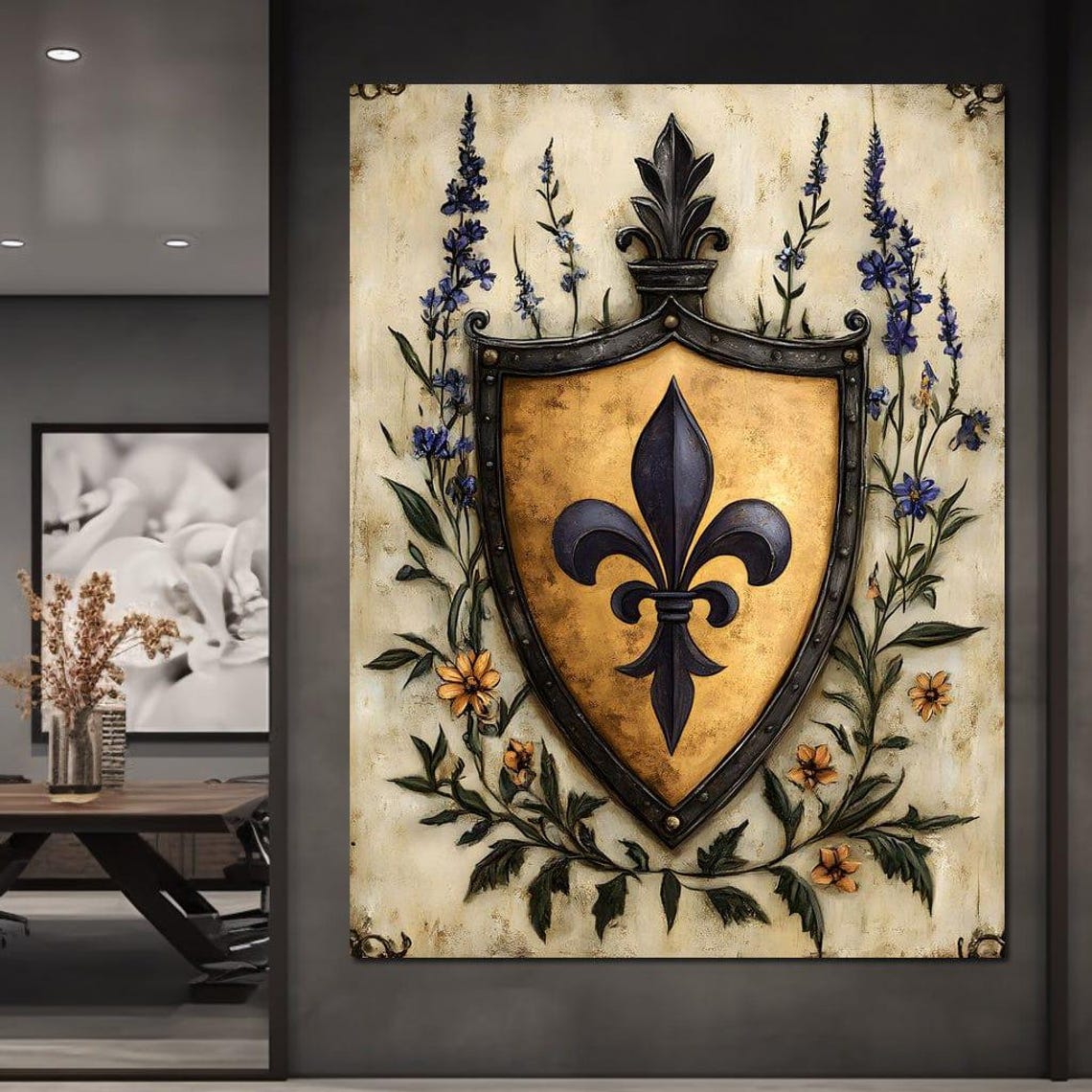 Vintage Fleur De Lys Shield with Gold and Botanical Branches Poster - Image 3