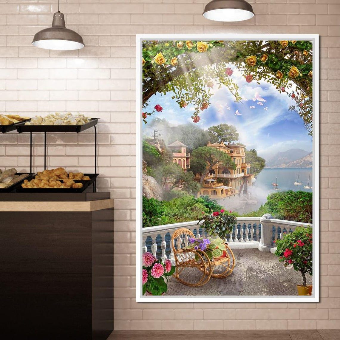 Mediterranean Rose Terrace Overlooking Bay Scenic Travel Poster - Image 4
