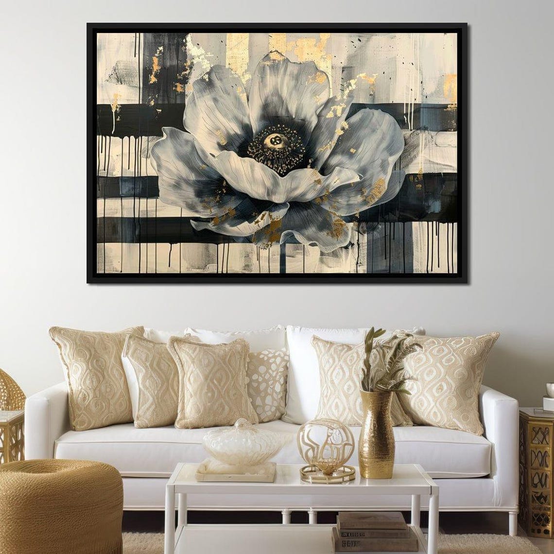 Abstract Black White and Gold Flower Acrylic Painting Wall Art - Image 2