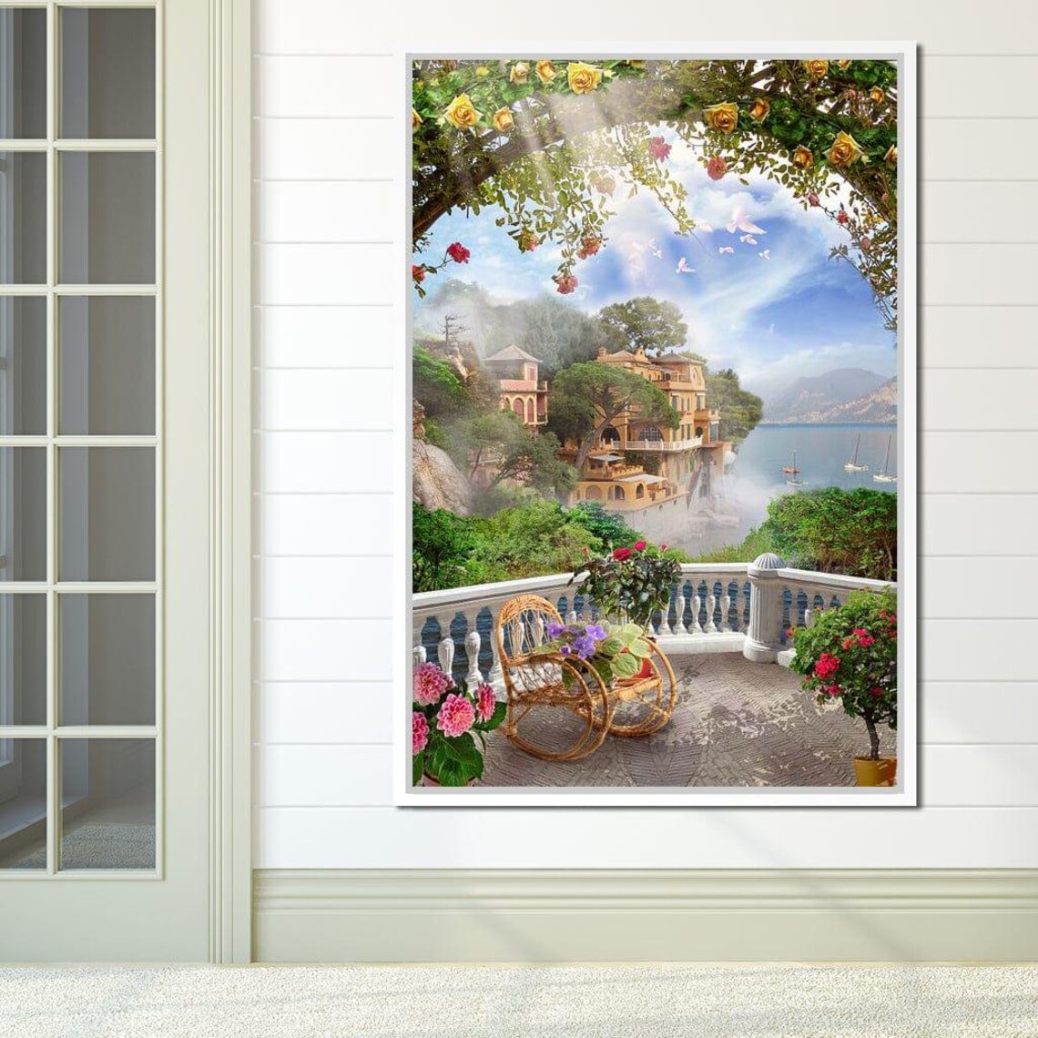 Mediterranean Rose Terrace Overlooking Bay Scenic Travel Poster
