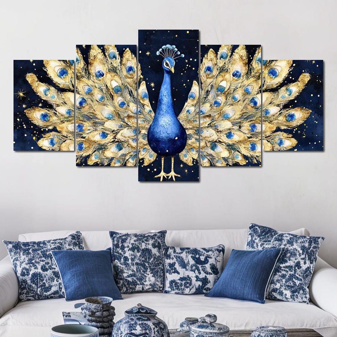 Blue Peacock With Golden Tail Feathers Under A Starry Sky Poster - Image 4