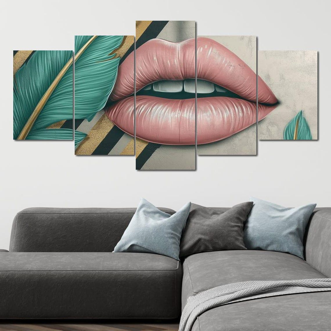 Pink Glossy Lips Tropical Green Leaf Multi Panel Modern Pop Poster - Image 4