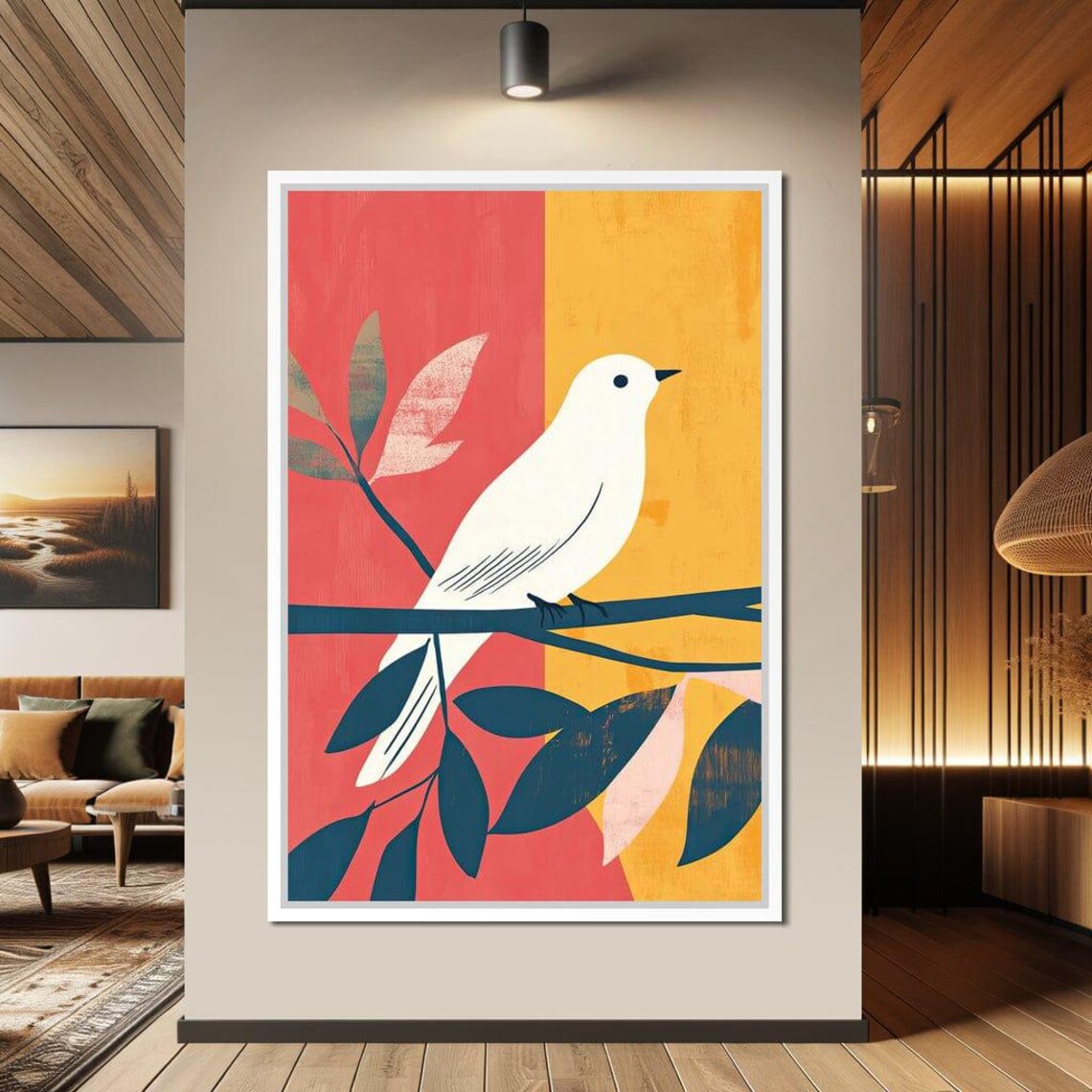 White Bird on Branch Coral Yellow Mid Century Modern Nature Art Print - Image 2