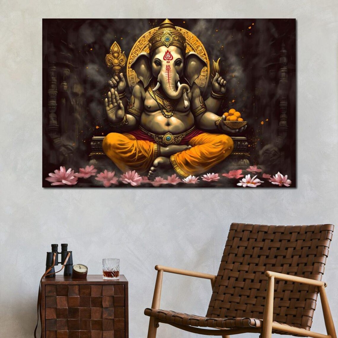 Seated Lord Ganesha Golden Halo Lotus Blossoms Divine Blessing Wall Art Poster - Image 3
