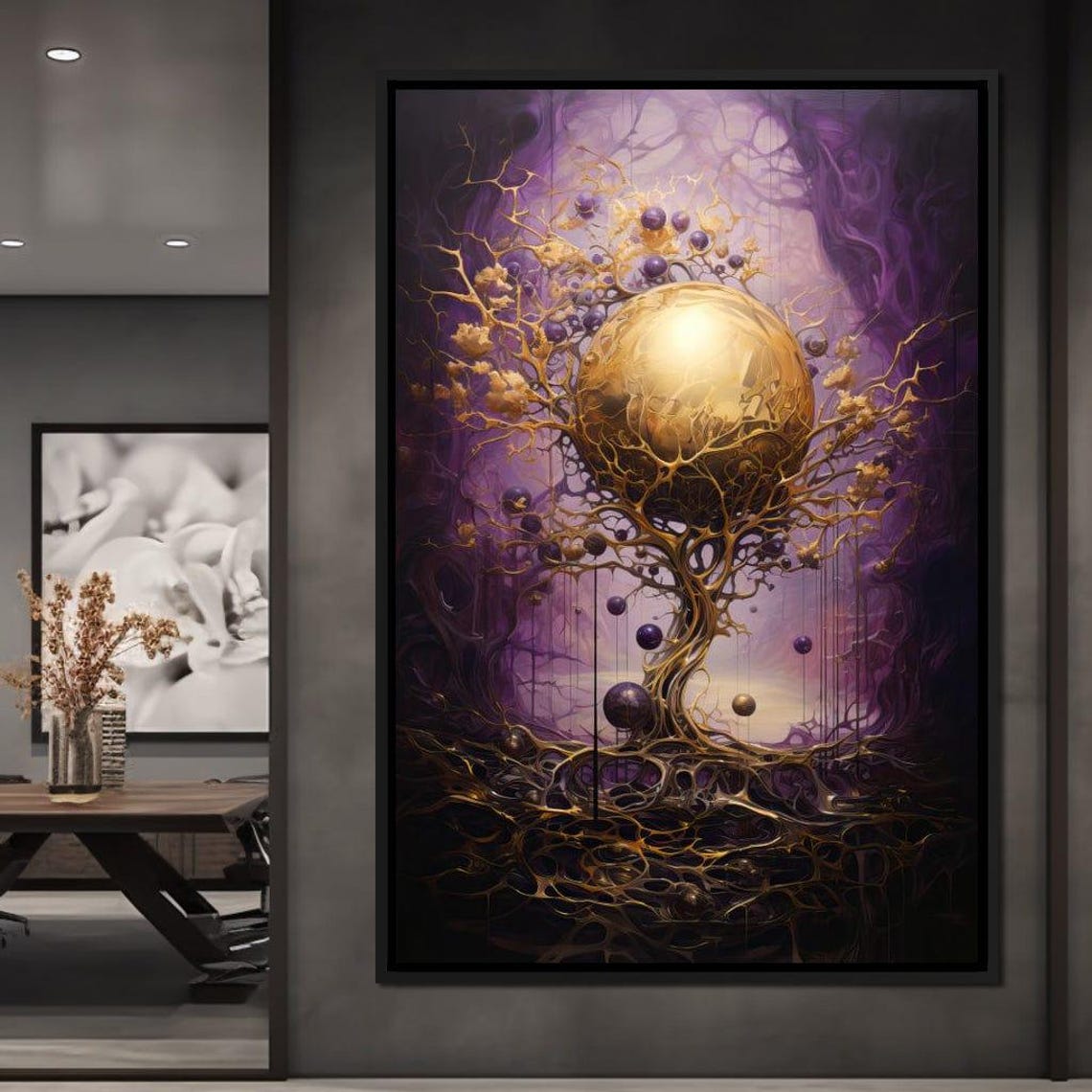 Golden Cosmic Tree Of Life Purple Nebula Mystical Abstract Wall Art